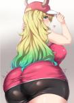 animal_humanoid big_breasts big_butt biped blonde_hair bottomwear breasts butt clothed clothing curvy_figure digital_media_(artwork) dragon dragon_humanoid female fully_clothed glistening glistening_clothing gradient_hair green_eyes hair hat headgear headwear heart_symbol hi_res horn horned_humanoid humanoid long_hair looking_at_viewer looking_back looking_back_at_viewer miss_kobayashi's_dragon_maid moisture_(chichi) mythological_creature mythological_scalie mythology nipple_outline portrait quetzalcoatl_(dragon_maid) rear_view scalie shorts solo spandex spandex_shorts standing thick_thighs three-quarter_portrait three-quarter_view tight_bottomwear tight_clothing tight_shorts voluptuous wide_hips