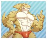 anthro border bulge clothed clothing male muscular muscular_anthro muscular_male pecs purple_eyes smile solo speedo swimwear teeth topless underwear white_border almasy fish marine shark hi_res