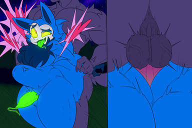 abdominal_bulge anal anal_penetration animal_genitalia animal_penis anthro balls big_butt blue_body blue_fur bodily_fluids butt canine_genitalia canine_penis cum duo forest fur genital_fluids genitals glowing glowing_eyes glowing_genitalia grass green_penis green_tongue heart_symbol humanoid_genitalia humanoid_penis knot male male/male night penetration penis plant thick_thighs tongue tree cheese_cake telemonster anon eerie_(telemonster) canid canine canis mammal monster unknown_species wolf 2025 3:2 hi_res
