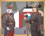 anthro armor bavaria brown_body clothing duo france gun headgear helmet male map military musket prussia ranged_weapon soldier uniform victorian warrior weapon white_body world callmetatsuo canid canine canis domestic_dog german_shepherd herding_dog mammal pastoral_dog hi_res