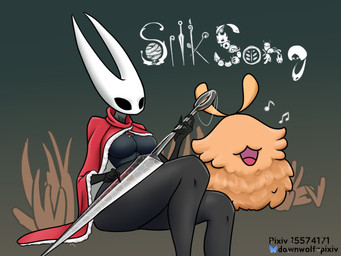 2_horns 5_fingers ambiguous_gender biped black_eyes black_text breasts clothing crossed_legs duo female fingers fur holding_melee_weapon holding_object holding_weapon horn melee_weapon musical_note musical_symbol open_mouth open_smile red_clothing sitting smile symbol text thread tongue weapon white_text dawn_wolf hollow_knight:_silksong hollow_knight_(franchise) team_cherry hornet_(hollow_knight) arthropod flea_(hollow_knight:_silksong) 2025 artist_name english_text