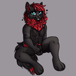 animal_genitalia animal_penis anthro balls canine_genitalia canine_penis chibi fluffy fluffy_tail genitals half-erect holding_penis looking_at_viewer male mane nude penis penis_tip scar sheath simple_background sitting smile solo tail blvejay sebastian_(flugymalugy) canid canine mammal 1:1 2021 shaded