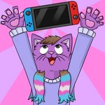 anthro brown_eyes brown_hair clothed clothing electronics female fur game_console hair happy holding_object lgbt_pride pawpads paws pride_color_highlights pride_colors purple_body purple_fur simple_background smile solo transgender_pride_colors liminalbunny_(artist) nintendo nintendo_switch cupcakecat_(character) felid feline mammal 1:1 hi_res