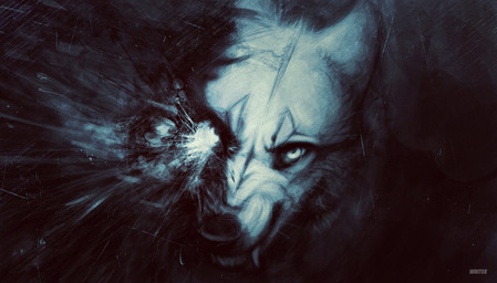 ambiguous_gender angry cheek_tuft ears_back facial_tuft fangs feral looking_at_viewer pivoted_ears simple_background solo teeth text tuft unknowhiter canid canine canis mammal wolf 2015 artist_name monochrome