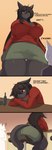 anthro bar big_breasts big_butt biped black_body bottomwear breasts butt clothing collared_shirt dress_shirt female fluffy fluffy_hair greeting hair larger_female long_hair low-angle_view miniskirt panties pupils red_clothing red_eyes red_shirt red_topwear shirt sitting size_difference skirt text thick_thighs topwear underwear white_sclera son2j canid canine mammal absurd_res comic english_text hi_res