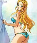 5_fingers blonde_hair blush breasts butt clothed clothing ear_piercing female fingers green_eyes hair humanoid_pointy_ears jewelry lingerie long_hair looking_at_viewer looking_back necklace not_furry panties piercing pointy_ears simple_background solo underwear minacream nintendo the_legend_of_zelda princess_zelda humanoid hylian mammal 2021 digital_media_(artwork)