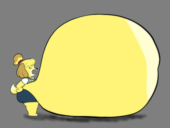accessory anthro belly belly_overhang big_belly big_butt black_nose blonde_hair blue_bottomwear blue_clothing blue_skirt bottomwear breasts brown_ears buckteeth butt clothing dipstick_tail eyes_closed female green_clothing green_topwear green_vest grey_background hair hair_accessory hairband hand_on_hip hand_on_own_hip huge_belly hyper hyper_belly markings morbidly_obese morbidly_obese_anthro morbidly_obese_female obese obese_anthro obese_female open_mouth overweight overweight_anthro overweight_female red_hairband side_view simple_background skirt small_breasts solo tail tail_markings tan_tail_tip teeth thick_thighs topwear vest weight_gain yellow_body yellow_tail spectrotums animal_crossing nintendo isabelle_(animal_crossing) canid canine canis domestic_dog mammal shih_tzu toy_dog 2026 4:3 colored digital_media_(artwork) flat_colors hi_res