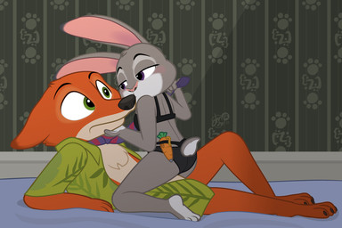 anthro black_bra black_clothing black_nose black_panties black_underwear blush bottomless bottomless_male bra carrot_pen chest_tuft clothed clothing clothing_pull duo female fur green_eyes kissing lying male male/female midriff necktie necktie_pull on_back open_clothing open_shirt open_topwear orange_body orange_fur panties pink_nose pulling_tie purple_eyes scut_tail shirt short_tail straddling tail topwear tuft underwear dm29 disney zootopia judy_hopps nick_wilde canid canine european_rabbit fox lagomorph leporid mammal oryctolagus rabbit red_fox true_fox 3:2