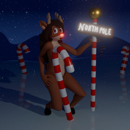 alternate_lighting anthro antlers breasts bright_light brown_body brown_fur brown_hair candy candy_cane convenient_censorship dessert eyebrows female food fur glowing glowing_nose hair hand_on_hip holidays hooves horn humanoid_hands long_hair looking_at_viewer mountain multicolored_body multicolored_fur night north_pole nude outside pose red_eyes red_light red_nose reflection scut_tail short_tail sign smile snow solo tail teeth text two_tone_body two_tone_fur white_light white_sclera fairfur christmas rue_(the-minuscule-task) deer mammal new_world_deer reindeer 1:1 2024 3d_(artwork) censored digital_media_(artwork) english_text hi_res pinup