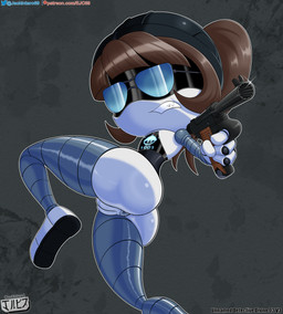 anus armor brown_hair butt clothing eyewear female fingers genitals glasses gun hair hat headgear headwear helmet looking_back machine not_furry nude ponytail ranged_weapon screen_eyes simple_background solo unnamed_detective_drone vulva weapon white_body jackintaro glitch_productions murder_drones unnamed_character android humanoid robot robot_humanoid worker_drone absurd_res digital_media_(artwork) hi_res