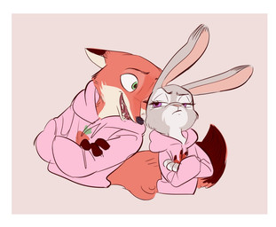 anthro black_nose bottomless brown_body brown_fur clothed clothing duo female fur green_eyes grey_body grey_fur half-closed_eyes hoodie hoodie_only long_ears male narrowed_eyes pink_clothing pink_hoodie pink_topwear text topwear topwear_only white_body white_fur hawha1234 disney zootopia judy_hopps nick_wilde canid canine european_rabbit fox lagomorph leporid mammal oryctolagus rabbit red_fox true_fox english_text