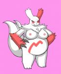 5:6 absurd_res anthro big_breasts black_eyes blush breasts female full-length_portrait generation_3_pokemon hi_res kewon looking_at_viewer nintendo nipples overweight overweight_anthro overweight_female pink_background pink_nipples pokemon pokemon_(species) portrait red_sclera simple_background slightly_chubby slightly_chubby_anthro slightly_chubby_female solo standing zangoose