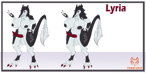 4_fingers anthro balls belly big_balls big_breasts big_penis breasts curvy_figure digitigrade fingers fur genitals gesture gynomorph hand_gesture intersex long_penis multicolored_body multicolored_fur navel nude open_mouth penis solo standing tail tail_tuft tattoo tuft tufted_fur v_sign wide_hips ferocaniz sergal 2:1 absurd_res hi_res model_sheet