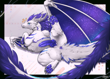 anus butt claws erection feet feral fingers fur genitals hair horn looking_at_viewer lying male on_side paws penis rear_view simple_background solo tail teeth toes wings cannibalistic_tendencies mythology dragon mythological_creature mythological_scalie scalie 2026 digital_drawing_(artwork) digital_media_(artwork) hi_res