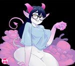 big_breasts black_background bottomless breasts clothed clothing eyewear female glasses looking_at_viewer nipple_outline plushie simple_background smile solo spade_tail tail schpicy demon demon_humanoid humanoid