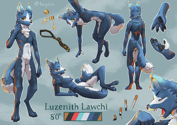accessory anthro balancing blue_body blue_fur cigarette claws color_swatch cross digitigrade ear_piercing ear_ring eyes_closed featureless_crotch finger_claws fluffy fluffy_tail fur hand_on_belly handpaw jewelry looking_at_viewer lying male multicolored_body multicolored_fur multiple_poses neck_tuft necktie neckwear open_mouth orange_eyes outline paws piercing pose ring_piercing seam_(sewing) simple_background solo standing stitch_(sewing) stitched_body tail teeth text toe_claws tongue tuft white_outline yawn tauphie luzenith_lawchi canid canine canis dire_wolf hybrid mammal prehistoric_species wolf 2026 absurd_res digital_drawing_(artwork) digital_media_(artwork) hi_res model_sheet shaded signature