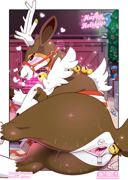 anal anal_penetration animal_genitalia animal_vulva anus bell blush bodily_fluids bridle buttplug cervine_genitalia cervine_vulva female feral fur gaping gaping_vagina genitals harness heart_eyes heart_symbol holidays horn looking_at_viewer open_mouth penetration plug_(sex_toy) pokeball sex_toy solo standard_pokeball sweat text vulva white_body white_fur conditional_dnp insomniacovrlrd christmas nintendo pokemon deer generation_5_pokemon mammal pokemon_(species) sawsbuck winter_sawsbuck 2019 english_text hi_res