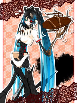 3_fingers ambiguous_feral ambiguous_gender antennae_(anatomy) arm_tattoo blue_hair blush blush_lines bone bone_arm breasts carrying_another checkered checkered_background cosplay cybernetic_eye cybernetics duo emanata female female_humanoid feral fingers genitals gradient_hair hair heart_symbol horror_(theme) innie_vulva jewelry larger_female larger_humanoid long_antennae long_arms long_fingers long_hair looking_at_viewer machine mechanical_arm mechanical_leg medium_breasts motion_lines necklace nipples pattern_background red_eyes rib_cage simple_background size_difference skull_necklace smaller_ambiguous smaller_feral spine tattoo teal_eyes twintails_(hairstyle) vulva white_bars deino_(artist) vocaloid yamaha_corporation calne_ca hatsune_miku arthropod blattodean cockroach humanoid insect robot robot_humanoid 2011 3:4 3d_(artwork) autodesk_3ds_max_(artwork) cel_shading digital_media_(artwork) hi_res pillarbox shaded