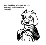 anthro belly blush clothing eyewear floppy_ears fur glasses horn male robe robe_lift solo text white_body white_fur rosedelvxe boobs?_wanna_touch_boobs? deltarune undertale_(series) ralsei bovid caprine goat mammal english_text meme