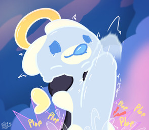 big_bulge big_penis bodily_fluids bulge cloud duo feral genital_fluids genitals grabbing halo male male/ambiguou penis precum stretchy tears tears_of_pleasure tongue tongue_out wings dstitan bits_and_bops arthropod caterpillar flow_worms_(bits_and_bops) glowworm grub_(insect) insect larva worm absurd_res hi_res