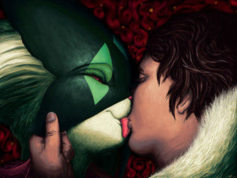 brown_hair dark_mask duo eyelashes eyes_closed feline_tongue fur green_body green_fur green_hair green_mask hair kissing pink_eyes smile tan_body tan_skin tongue tongue_out two_tone_mask halfbaked-hope nintendo pokemon generation_9_pokemon human mammal meowscarada pokemon_(species) 2024 4:3 absurd_res alternate_version_at_source digital_media_(artwork) digital_painting_(artwork) hi_res painting_(artwork)