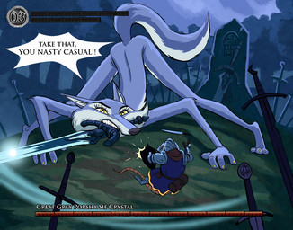3_toes 4_fingers all_fours anthro armor ass_up boss_fight claws clothed clothed/nude clothing countershade_face countershade_tail countershade_torso countershading detailed_background dialogue duo eyebrows eyelashes feet female female_anthro fingers fur gameplay_mechanics gui health_bar humor insult insulting_another iris melee_weapon mouth_hold nude nude_anthro nude_female object_in_mouth parody pupils skinny skinny_anthro skinny_female sword sword_in_mouth tail text toe_claws toes video_game_reference weapon weapon_in_mouth sir_paulus dark_souls fromsoftware illumination_entertainment sing_(movie) great_grey_wolf_sif porsha_crystal canid canine canis mammal murid murine rat rodent wolf 2025 character_name english_text
