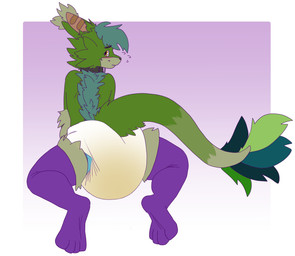 ageplay anthro arm_tuft back_tuft black_collar bodily_fluids cheek_tuft closed_smile clothed clothing collar diaper elbow_tuft facial_tuft fangs fur genital_fluids glistening glistening_eyes gradient_background green_body green_fur infantilism legwear looking_at_viewer looking_back looking_back_at_viewer male male_anthro mouth_closed purple_clothing purple_legwear rear_view roleplay simple_background smile solo tail tail_tuft teeth tuft unclean_diaper urine used_diaper wearing_diaper wet_diaper white_diaper yellow_eyes hardscales mythology dragon mythological_creature mythological_scalie scalie absurd_res hi_res