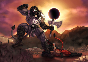 abs accessory anthro armpit_hair armwear axe ball_tuft balls belt biceps big_balls big_muscles big_penis black_body black_fur black_mane black_nipples black_penis black_sclera bodily_fluids body_hair bone boots boots_only chain chain_leash clothing cock_ring desert dominant duo eclipse elbow_gloves erection facial_piercing fangs flexing footwear footwear_only foreskin fur genital_fluids genitals gloves half-erect handwear harness humanoid_genitalia humanoid_penis jewelry larger_dom leaking_precum leash leather leather_boots leather_clothing leather_footwear leather_gloves leather_handwear male male/male mane mostly_nude muscular muscular_anthro muscular_male musk musky_armpit musky_balls nipple_piercing nipples nose_piercing penis penis_accessory penis_jewelry piercing precum pubes red_body red_fur sex_slave shoes size_difference slave spiked_cock_ring spikes tail tan_body tan_fur teeth tuft tusks vein veiny_penis yellow_eyes grungotharts grungoth_borgzan kirlan felid lion mammal pantherine hi_res