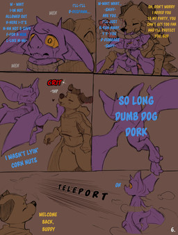 ambiguous_gender anthro big_ears blue_text bodily_fluids bound cloak clothed clothing critical_hit crying dialogue duo eyes_closed gameplay_mechanics kick nervous onomatopoeia purple_body red_text rope sound_effects tears teleportation text wings yellow_eyes yellow_text conditional_dnp dacad tyler_(dacad) zipper_(dacad) bat canid canine mammal comic english_text hi_res restricted_palette