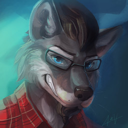 anthro black_nose blue_eyes clothed clothing eyewear fur glasses grey_body grey_fur male rectangular_glasses solo teeth antanariva canid canine canis mammal wolf 1:1 digital_media_(artwork) headshot_portrait icon portrait