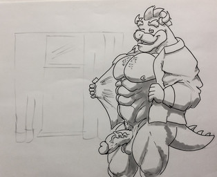 anthro erection genitals humanoid_genitalia humanoid_penis male muscular muscular_anthro muscular_male pecs penis simple_background smile solo uniparasite mario_bros nintendo bowser black_and_white monochrome source_request unavailable_at_source