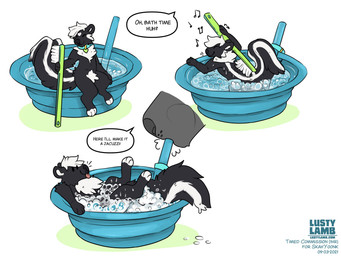 ambiguous_gender anthro bath bathing bowl brush bubble collar container dialogue duo macro micro simple_background text toothbrush conditional_dnp lustylamb mammal mephitid skunk 4:3 english_text url