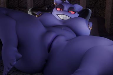 anthro anthrofied anus areola big_breasts big_butt black_eyeshadow breasts butt curvy_figure eyelashes eyeshadow female genitals hair half-closed_eyes hand_behind_head huge_breasts huge_butt innie_vulva looking_at_viewer lying makeup narrowed_eyes navel navel_piercing nipple_piercing nipple_ring nipples nude on_back piercing plump_labia pokemorph purple_areola purple_hair purple_nipples ring_piercing short_hair slightly_chubby smile solo spread_legs spreading teeth thick_thighs voluptuous vulva darkflash23 morethreedee_(modeler) nintendo pokemon generation_1_pokemon gengar pokemon_(species) 2026 3:2 3d_(artwork) absurd_res digital_media_(artwork) hi_res