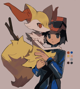 ambiguous_anthro ambiguous_gender anthro big_tail biped clothed clothed_human clothed_male clothing color_swatch dipstick_tail duo eyelashes holding_another holding_object holding_stick looking_at_viewer male male_human markings simple_background snout standing stick tail tail_markings 950magi618 nintendo pokemon calem_(pokemon) braixen canid generation_6_pokemon human mammal pokemon_(species) 2024 digital_drawing_(artwork) digital_media_(artwork) hi_res