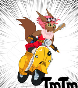anthro electric_guitar female green_eyes guitar motor_scooter motor_vehicle musical_instrument plucked_string_instrument solo string_instrument vehicle unknown_artist fooly_cooly prostokvashino tama-tama hybrid kangaroo macropod mammal marsupial rodent sciurid tree_squirrel hi_res