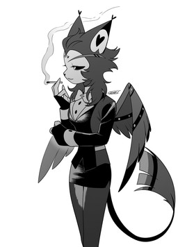 anthro cigarette cigarette_smoke clothed clothing crossgender feathered_wings feathers female holding_cigarette holding_object mtf_crossgender simple_background smoke solo white_background wings enaic31 hazbin_hotel hellaverse husk_(hazbin_hotel) demon domestic_cat felid feline felis mammal absurd_res hi_res monochrome