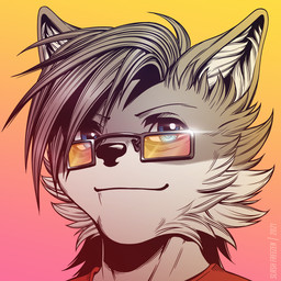 anthro black_nose blue_eyes cheek_tuft clothed clothing eyewear facial_tuft front_view fur glasses glistening glistening_eyes gradient_background grey_body grey_fur grey_hair hair inner_ear_fluff looking_at_viewer male male_anthro mouth_closed rectangular_glasses red_clothing red_topwear simple_background solo tinted_glasses topwear tuft white_inner_ear_fluff slash_freezen 1:1