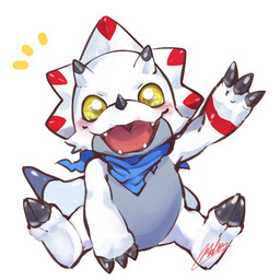 ambiguous_gender anthro blush chibi claws facial_horn front_view horn kerchief looking_at_viewer nose_horn simple_background sitting solo white_background white_body yellow_eyes yuri_arisato bandai_namco digimon ceratopsian digimon_(species) dinosaur gammamon ornithischian prehistoric_species reptile scalie 1:1