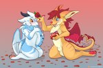 animal_genitalia anthro balls duo feathered_wings feathers flower fully_sheathed fur genitals horn kneeling male nude petals plant rose_(flower) rose_petals sheath wings skyvo mythology aldy_(aldyderg) dragon furred_dragon furred_scalie mythological_creature mythological_scalie scalie hi_res