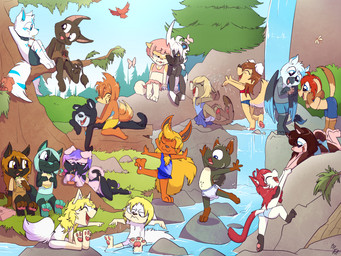 1_horn 2_tails anthro back_wings bat_wings beak beverage biped bottomwear claws climbing clothed clothing crop_top day diaper digitigrade eating_sandwich eye_contact eyebrows eyes_closed feathered_wings feathers female feral floppy_ears fluffy fluffy_tail flying food forest gesture group hair hand_gesture happy head_tuft holding_another holding_beverage holding_food holding_object holding_sandwich horn larger_anthro laugh long_hair looking_at_another lying lying_on_ground male massage membrane_(anatomy) membranous_wings multi_tail navel on_front on_ground on_one_leg on_rock on_side one-piece_swimsuit one_eye_closed open_mouth outside overalls pawpads plant playing pointing pointing_at_another rock sandwich_(food) shirt short_hair shorts sitting sitting_in_water sitting_on_another sitting_on_branch sitting_on_ground sitting_on_rock size_difference skirt smaller_feral standing swimwear tail tail_tuft tank_top toe_claws tongue topwear tree tuft waterfall wearing_diaper wet winged_arms wings young young_anthro young_female young_male fuf mythology nintendo pokemon amino_(caloh) andy_nonimose drago_ignis etis sarana_(knotthere) sierra_(pumapaws) ambient_arthropod ambient_butterfly ambient_dragonfly ambient_insect arctic_wolf avian bat bear bird blitzle buizel canid canine canis cougar domestic_cat domestic_dog eeveelution felid feline felis flareon fox generation_1_pokemon generation_4_pokemon generation_5_pokemon gryphon mammal mouse murid murine mythological_avian mythological_creature pokemon_(species) rodent sciurid tree_squirrel wolf 2019 4:3 hi_res brother_(lore) brother_and_sister_(lore) sibling_(lore) sister_(lore) twins_(lore)