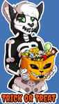 anthro bone clothed clothing costume food fur hair holidays looking_at_viewer male simple_background skeleton skeleton_costume skeleton_suit smile solo standing grumpy_griffin_creations halloween domestic_cat felid feline felis mammal 2021 digital_media_(artwork) hi_res