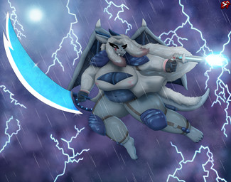 action_pose anthro armor bangs barefoot belt big_breasts blue_body blue_scales bottomwear breasts claws clothing cloud countershade_face countershading electricity electricity_manipulation elemental_manipulation eye_markings fangs feet female fluffy fluffy_tail flying gloves grey_clothing gun hair handgun handwear highlights_(coloring) horn knee_pads light lightning long_hair markings melee_weapon moon moonlight muscular muscular_female pants pose purple_eyes raining ranged_weapon red_hair sabertooth_(anatomy) scales shooting_gun shoulder_pads sky skyscape slightly_chubby solo spikes storm sword tail tail_fluff teeth toe_claws warrior weapon white_hair stylish_apollo heart_of_the_lands mythology zenchi_hasagami dragon mythological_creature mythological_scalie scalie hi_res