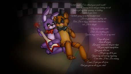 anthro bow_(feature) bow_tie clothing dark duo eyes_closed hat headgear headwear machine male teeth text top_hat 00kaori00 five_nights_at_freddy's scottgames bonnie_(fnaf) freddy_(fnaf) animatronic bear lagomorph leporid mammal rabbit robot 16:9 english_text widescreen