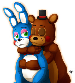 ambiguous_gender anthro blue_body bow_tie brown_body clothing duo eyes_closed freckles green_eyes hat headgear headwear hug hugging_another hugging_from_behind long_ears looking_at_another machine multicolored_body red_cheeks romantic romantic_ambiance ill825_(artist) five_nights_at_freddy's five_nights_at_freddy's_2 scottgames toy_bonnie_(fnaf) toy_freddy_(fnaf) animatronic bear lagomorph leporid mammal rabbit robot ursine 2015 signature