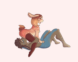 anthro breasts butt clothing duo facesitting female female_on_top legwear male male/female on_top sitting_on_another small_breasts stockings thigh_highs some-bunny atlas_(somebunny) peachy_hun lagomorph leporid mammal rabbit 5:4 hi_res