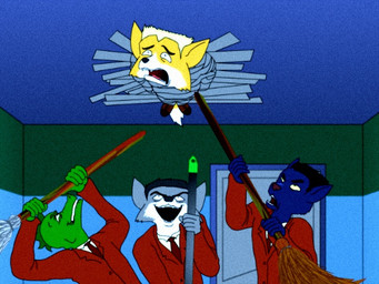 anthro broom cleaning_tool duct_tape group male melanistic mop pain tape torture fredryk_phox a_fox_in_space nintendo star_fox fox_mccloud leon_powalski panther_caroso wolf_o'donnell canid canine canis chameleon felid fox lizard mammal pantherine reptile scalie wolf 4:3