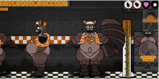 3_toes 4_fingers anthro clothing curvy_figure feet fingers fluffy fluffy_tail front_view hat headgear headwear inside_stomach machine male moobs navel necktie orange_clothing orange_hat orange_headwear orange_necktie orange_topwear orange_vest outie_navel overweight overweight_anthro rear_view side_view sleeveless_vest solo static tail text thick_thighs tie_clip toes topwear vest voluptuous vore x-ray_view moltenart_pixels five_nights_at_freddy's scottgames rico_the_railroad_rcoon animatronic humanoid mammal procyonid raccoon robot digital_media_(artwork) english_text model_sheet pixel_(artwork)