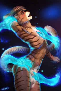 animal_genitalia anthro balls butt claws disembodied_hand eyes_closed femboy genitals hand_on_arm hand_on_chest hand_on_hip magic magic_hands male markings nude open_mouth sheath simple_background skinny solo striped_body striped_markings striped_tail stripes tail tail_markings dimonis domestic_cat felid feline felis mammal hi_res