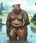 accident accidental_exposure anthro balls belly brown_body brown_fur detailed_background fur genitals half-closed_eyes holding_fish looking_at_viewer male moobs narrowed_eyes nipples open_mouth open_smile outside overweight overweight_anthro overweight_male partially_submerged penis plant slightly_chubby smile solo tree water djtaka bear mammal 2024 hi_res