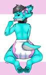 ageplay anthro blue_body blue_tail clothed clothing diaper glistening glistening_eyes grey_body grey_eyes grey_hair grey_tail hair infantilism kneeling looking_at_viewer male narrowed_eyes object_in_mouth pacifier pacifier_in_mouth rear_view roleplay simple_background solo tail wearing_diaper riddlr kobold scalie hi_res